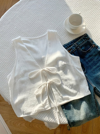 Damen ärmellose Weste mit Schleifen-Detail und V-Ausschnitt – Modische Layering-Weste für Freizeit und Alltag
