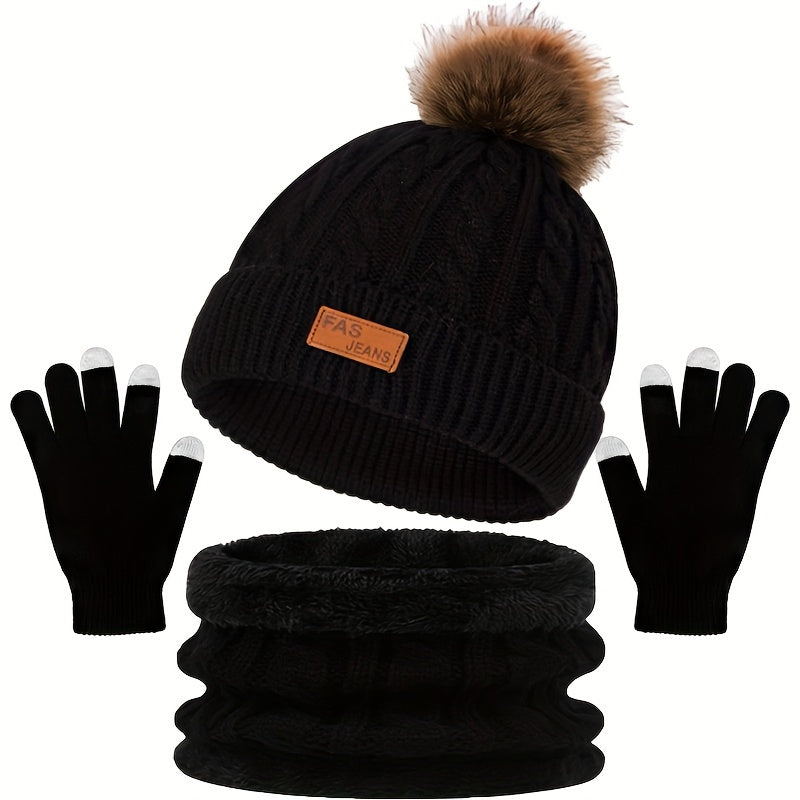 Unisex winterset met gebreide muts met pompon, sjaal en handschoenen