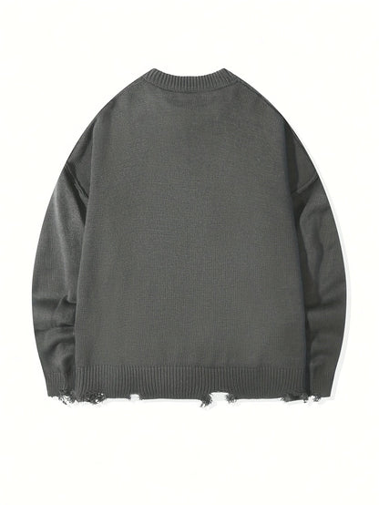 Unisex Distressed Pullover mit Rundhals und Rippstrickbündchen