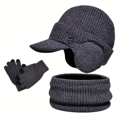 Set met gebreide wintermuts met klep en oorflappen, handschoenen en sjaal