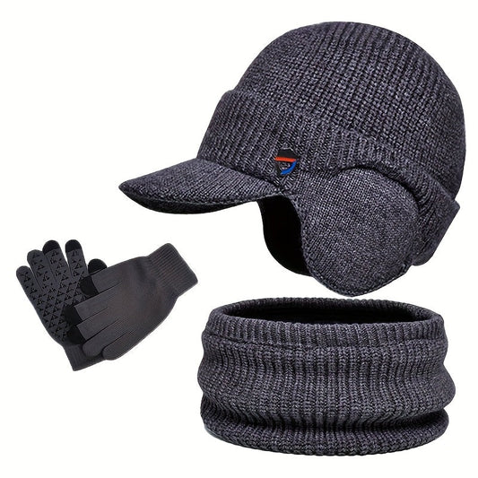 Set met gebreide wintermuts met klep en oorflappen, handschoenen en sjaal