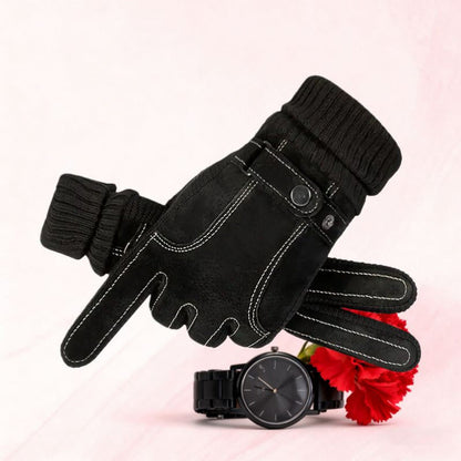 Unisex Halbfinger-Handschuhe mit Strickbündchen, Ziernähten und Druckknopf