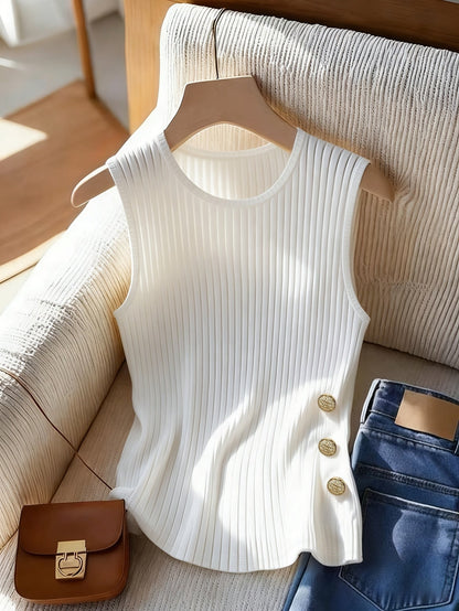 Damen Tanktop mit Rippstruktur und Knopf-Detail – Elegantes Freizeit-Oberteil