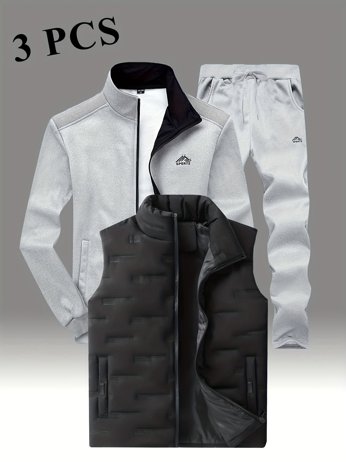 Herren 3-teiliges Sportoutfit mit Stehkragen-Trainingsjacke, Jogginghose und Steppweste