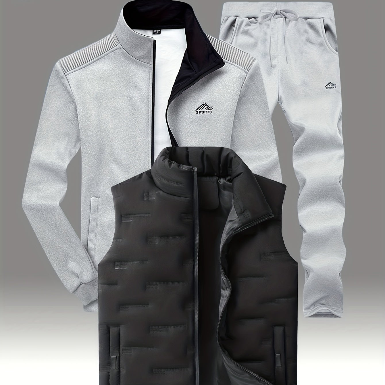 Herren 3-teiliges Sportoutfit mit Stehkragen-Trainingsjacke, Jogginghose und Steppweste