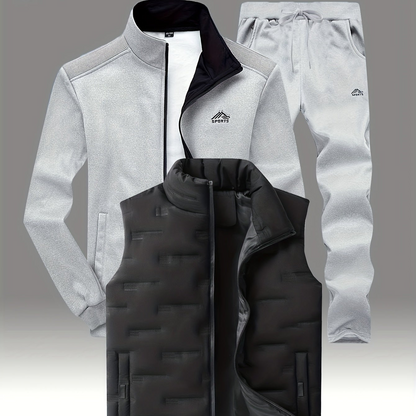 Herren 3-teiliges Sportoutfit mit Stehkragen-Trainingsjacke, Jogginghose und Steppweste