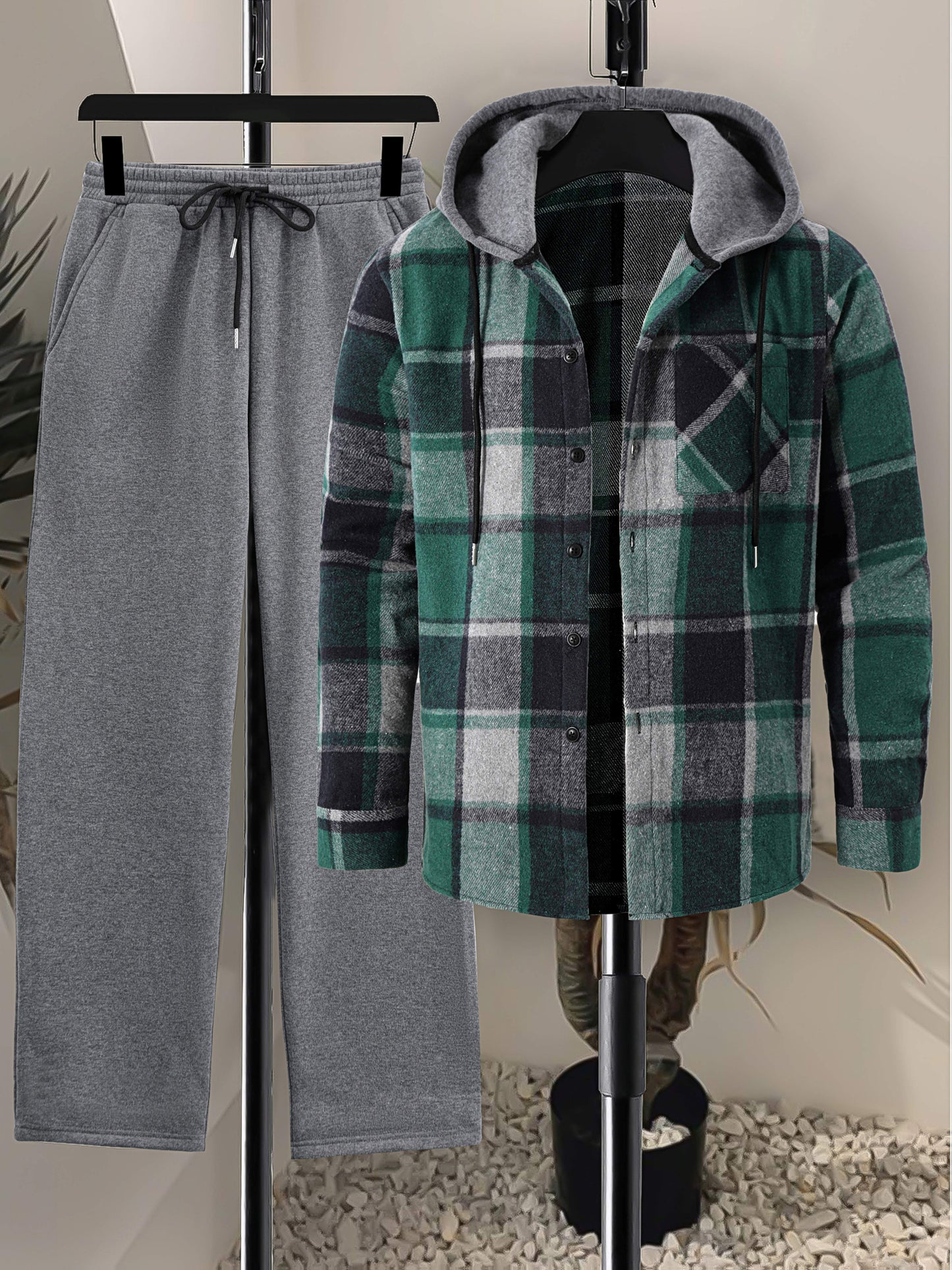 Herren Kariertes Flanell Hemd mit Kapuze & Einfarbige Jogginghose Set Grau
