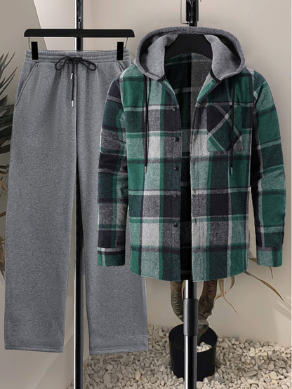 Herren Kariertes Flanell Hemd mit Kapuze & Einfarbige Jogginghose Set Grau