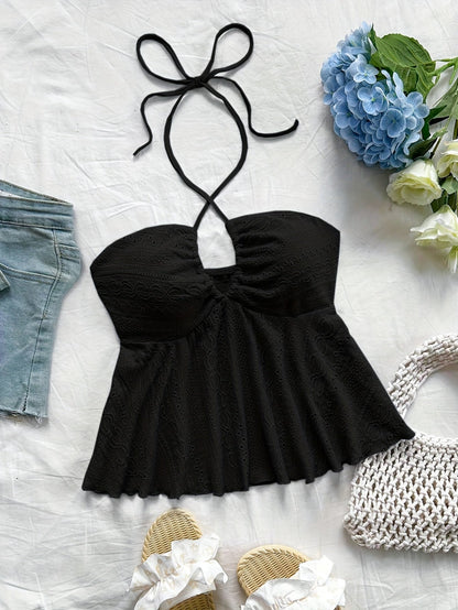Damen Halter Babydoll Top mit Stickerei – Romantischer Vintage-Look für Freizeit & Urlaub