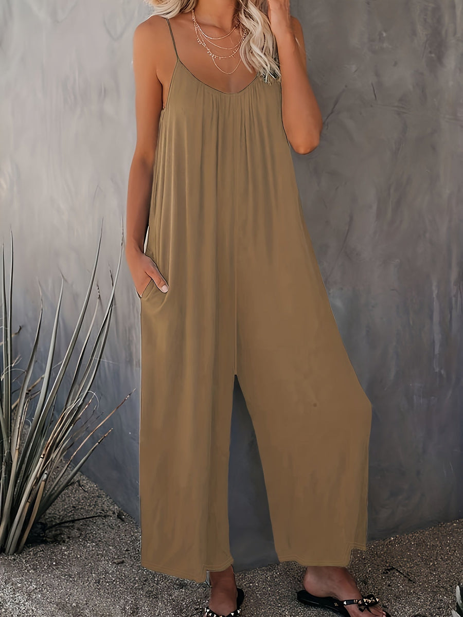 Damen Weite Casual Jumpsuit mit Spaghettiträgern – Luftiger Einteiler für Freizeit & Urlaub