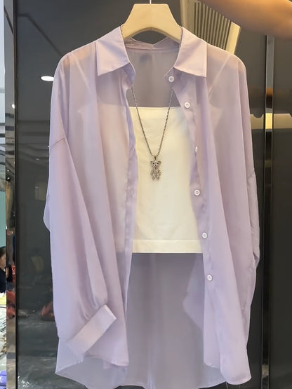 Damen Elegantes Zweiteiler-Set mit Transparenter Bluse und Bandeau Top – Modisches Layering für Alltag und Ausgehen