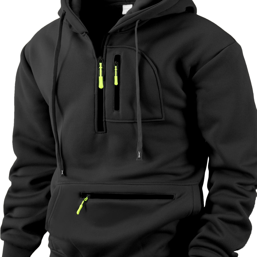 Herren Hoodie mit Reißverschluss und Bauchtasche, Kordelzug Kapuzenpullover