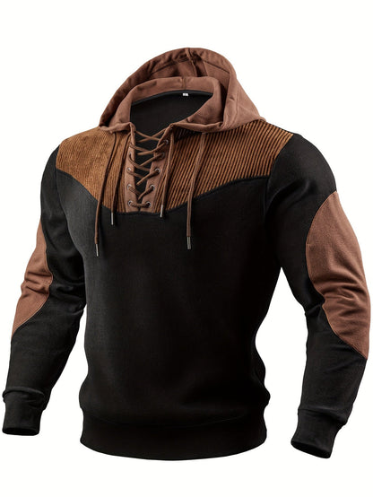 Herren Hoodie mit Schnürung und farbigen Akzenten Schwarz Braun