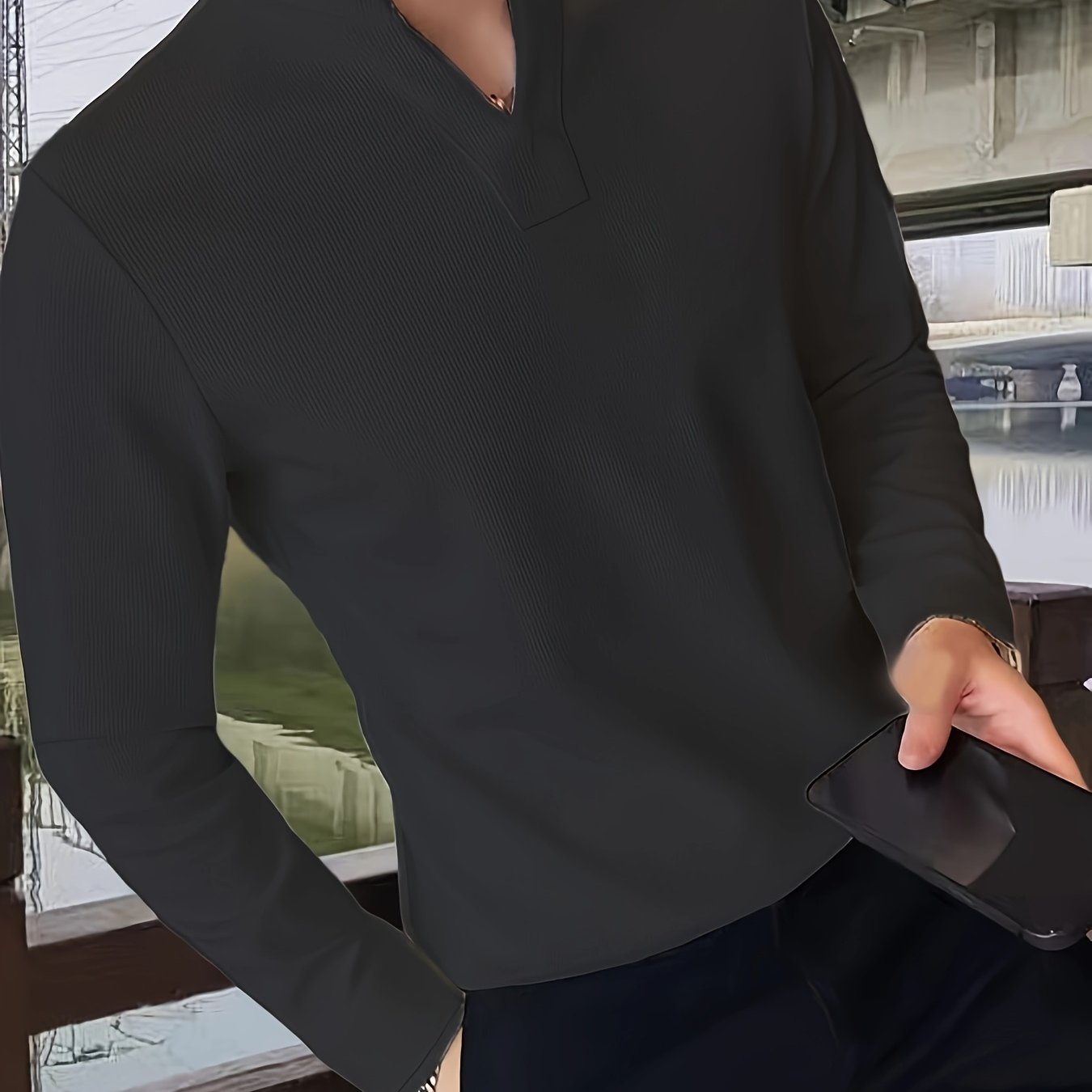 Herren Langarmshirt Henley Kragen Rippstruktur V-Ausschnitt Freizeit Business