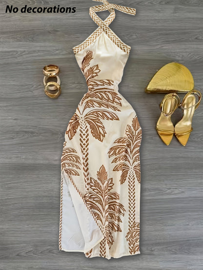 Damen Partykleid mit Palmenmotiv und Neckholder – Elegantes Abendkleid im Resort-Stil