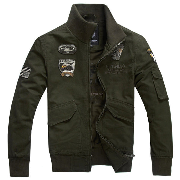 Herren Bomberjacke mit Stehkragen und Patches, Militärstil Freizeitjacke