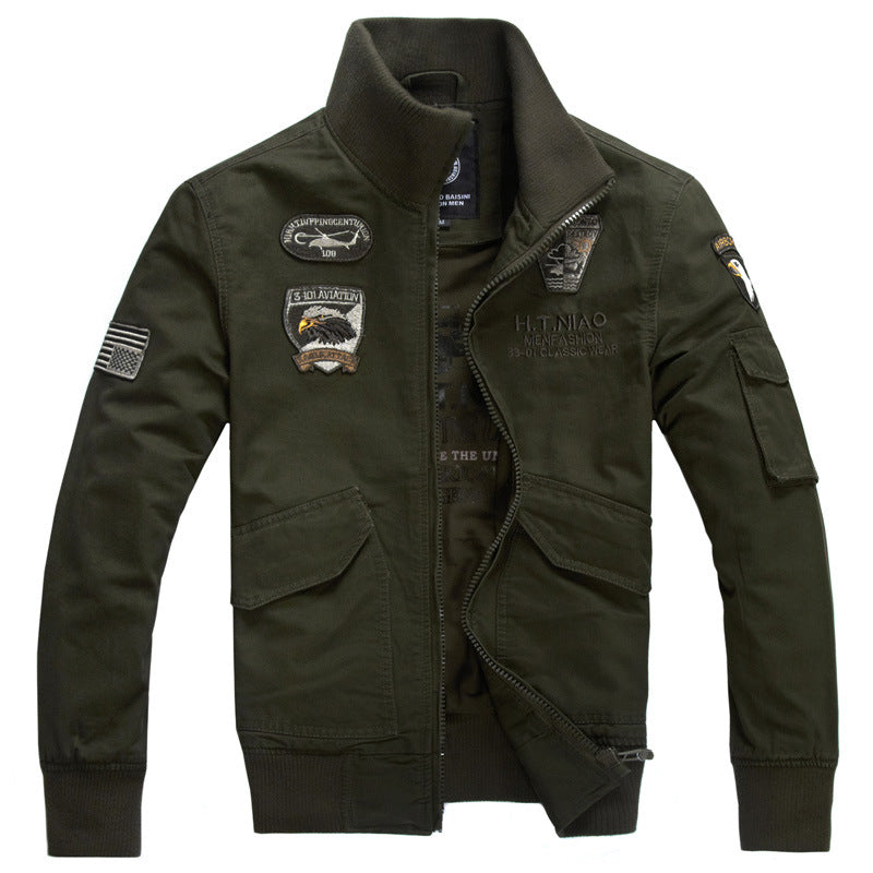 Bomberjack voor heren met opstaande kraag en patches, vrijetijdsjack in militaire stijl