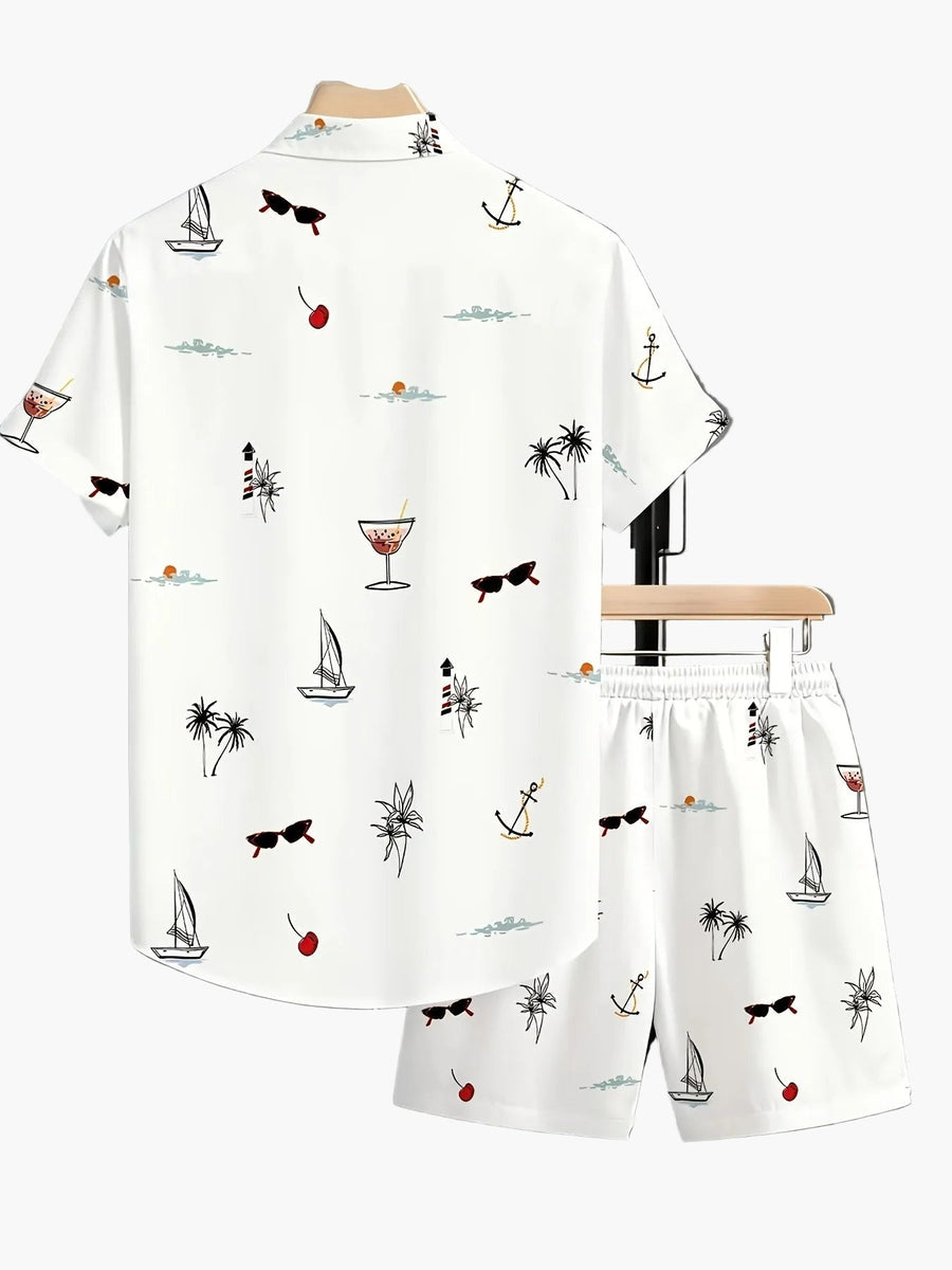 Herren Sommer Freizeit Set – Kurzarm Hemd & Shorts mit maritimen Motiven, ideal für Urlaub und Strand