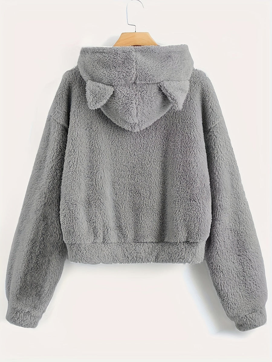 Flauschiger Kapuzenpullover mit Katzenohren und Kängurutasche für Damen