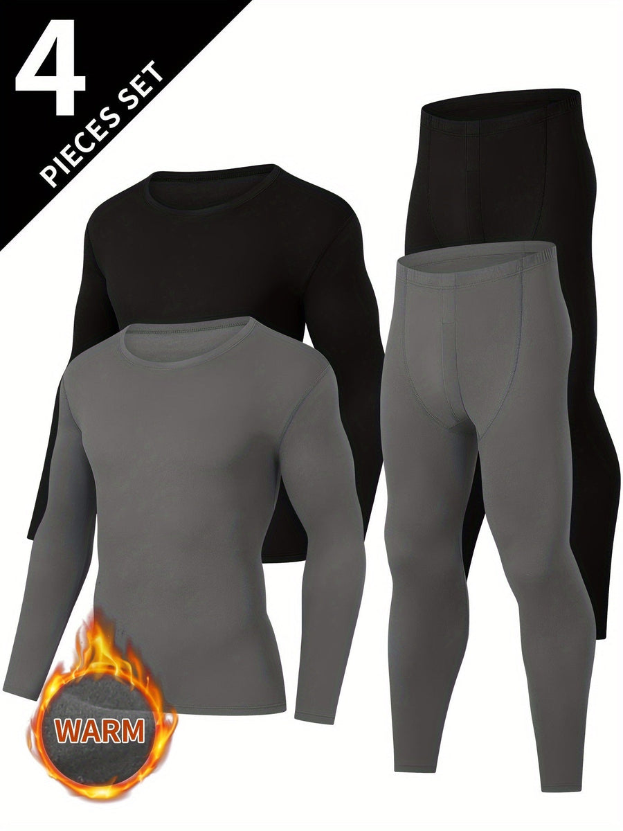 Thermo Unterwäsche Set Herren Langarmshirt und Hose 4-teilig Schwarz Grau