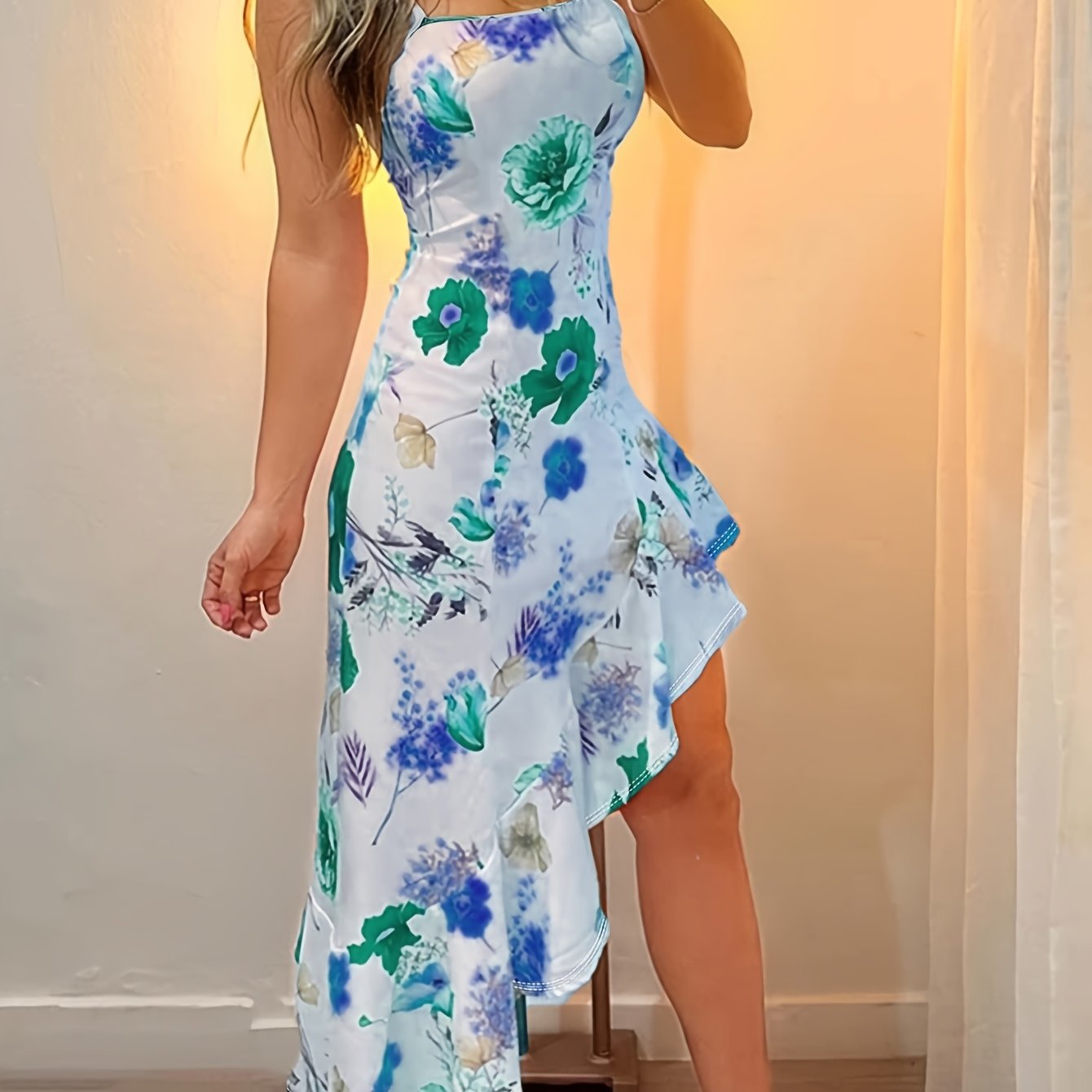 Damen Asymmetrisches Midi-Kleid mit Blumenmuster und Rüschen – Eleganter Look für Feste & Feiern