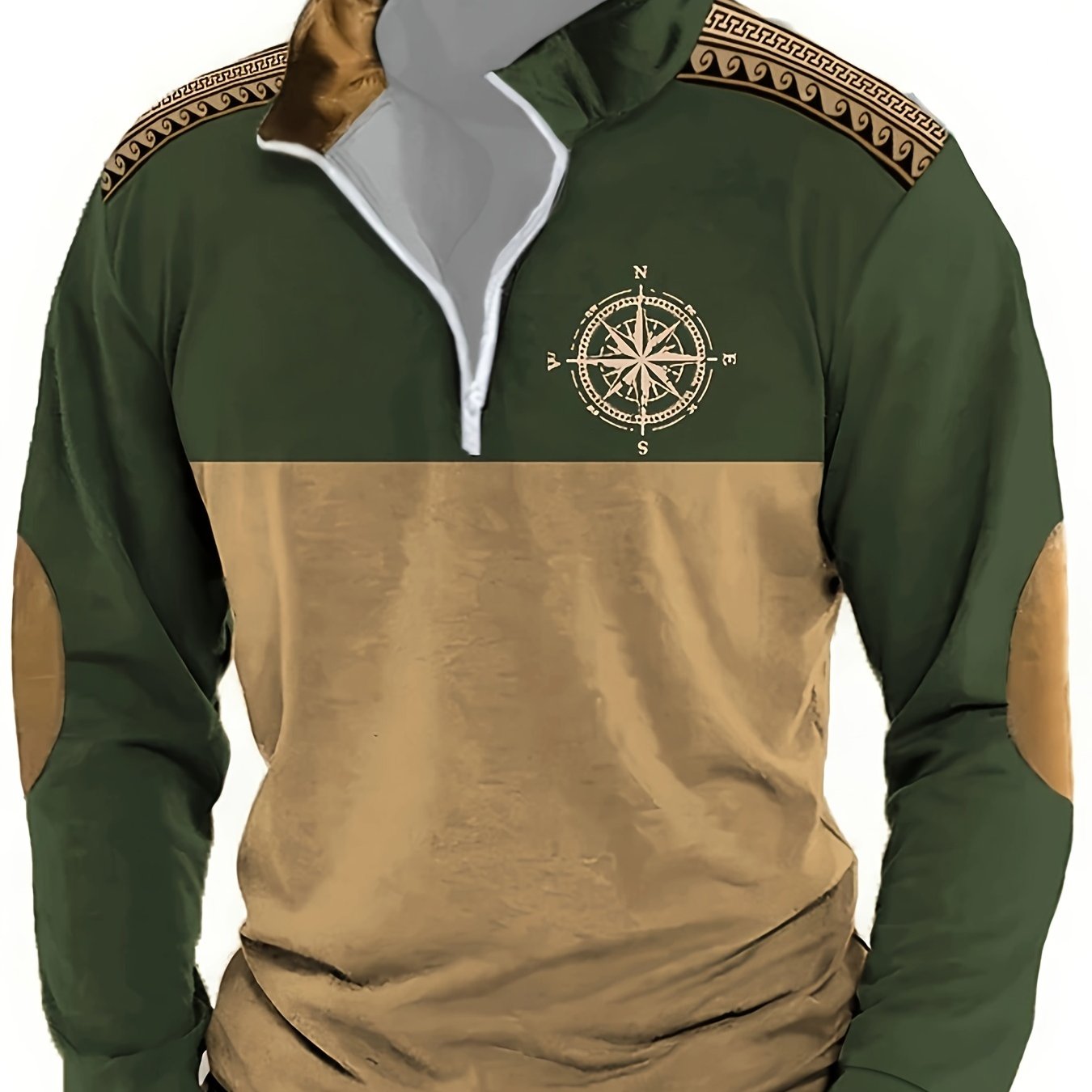Herren Halb-Reißverschluss Pullover mit Kompass-Motiv, Kragen & Ellenbogen-Patches, Zweifarbig