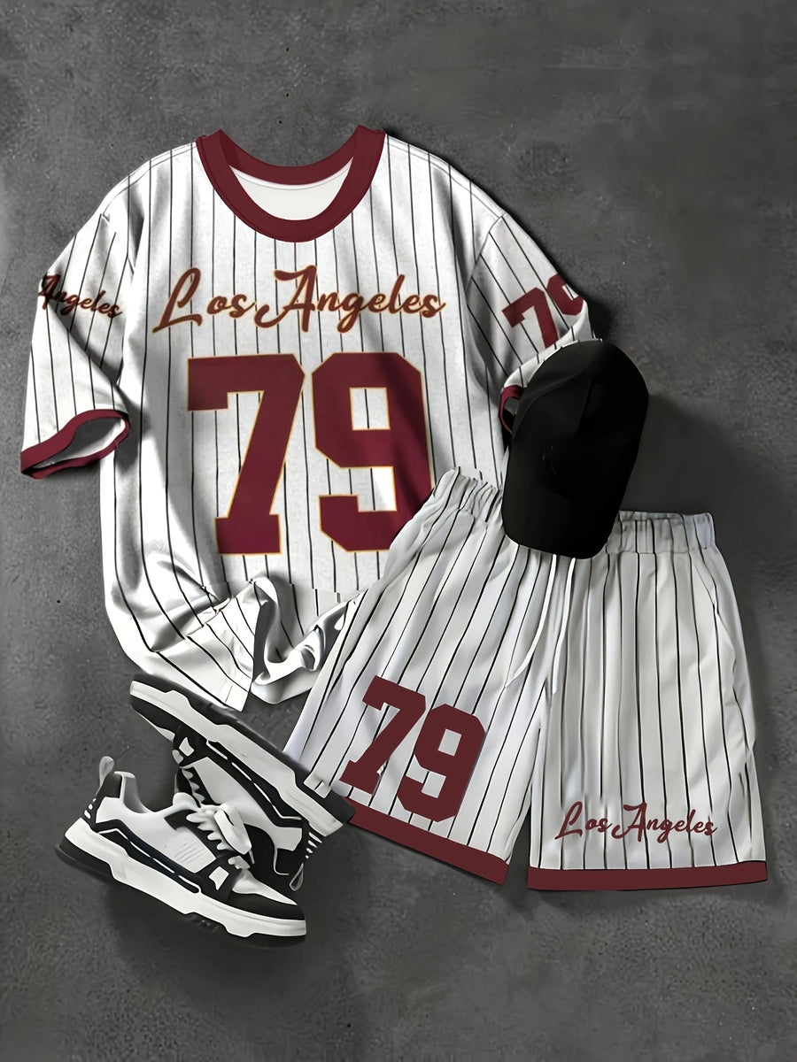 Herren Sportset Los Angeles 79 – Pinstripe Shirt und Shorts im Retro-Stil