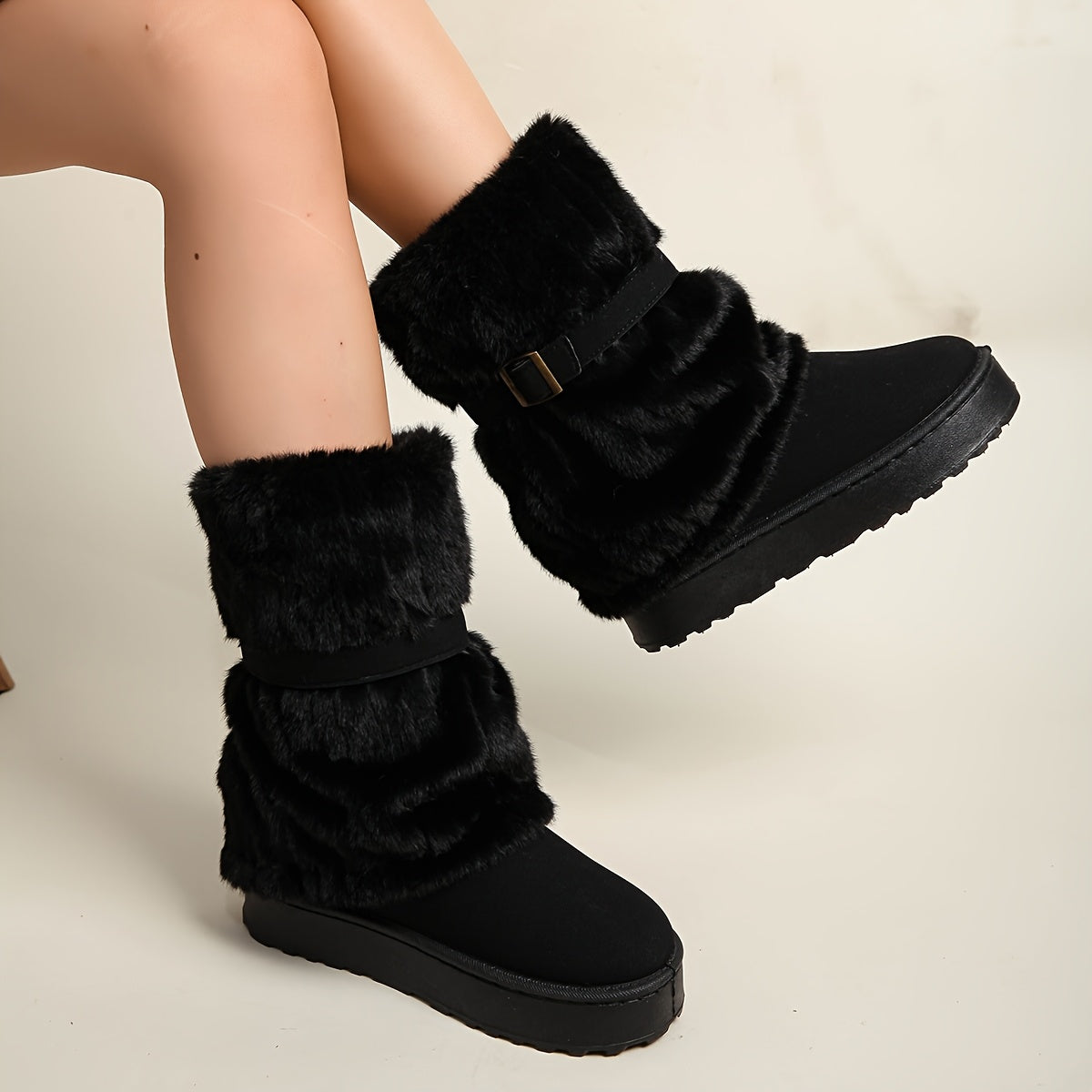 Damen Winterstiefel mit Kunstfell und Schnalle, gefüttert, in Beige, Braun und Schwarz