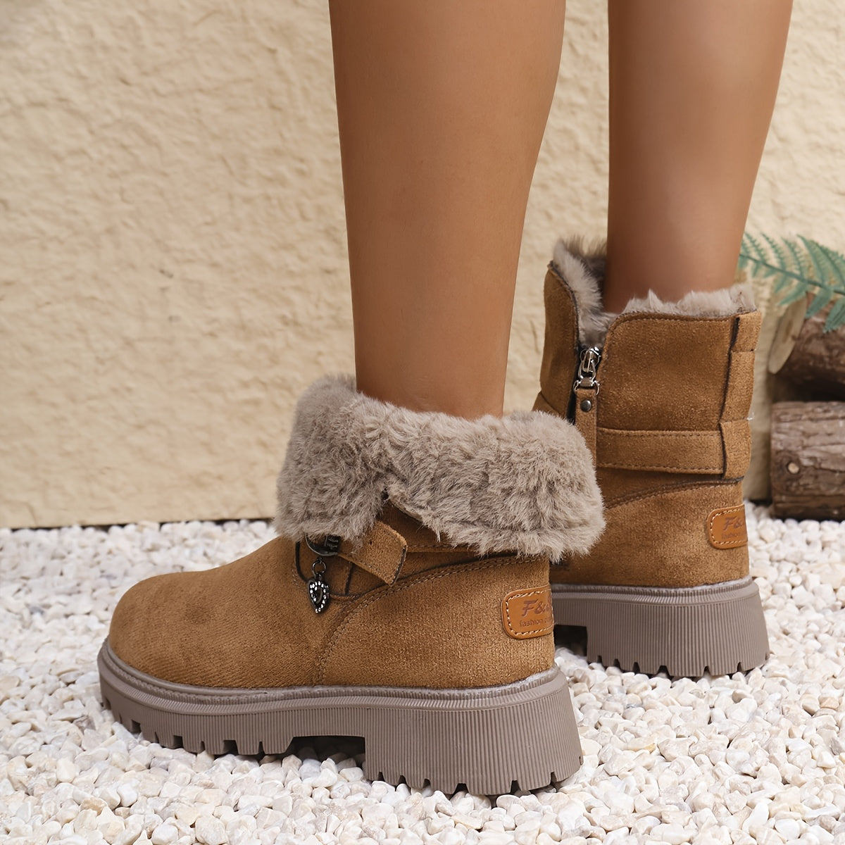 Damen Winterstiefel Braun Knöchelhoch Warm Gefüttert mit Schnalle