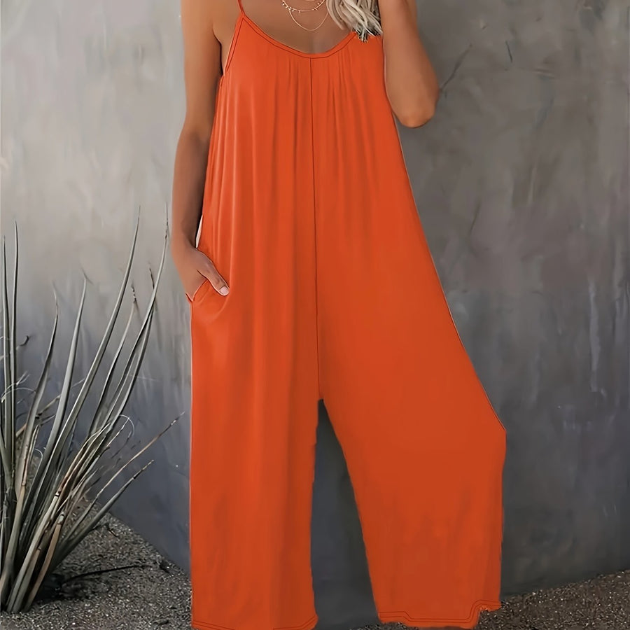 Damen Weite Casual Jumpsuit mit Spaghettiträgern – Luftiger Einteiler für Freizeit & Urlaub