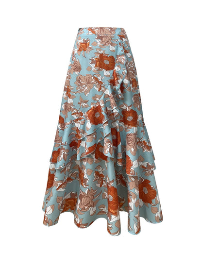Damen Maxirock mit floralem Muster und Volants – Eleganter Wickelrock für festliche Anlässe und Freizeit