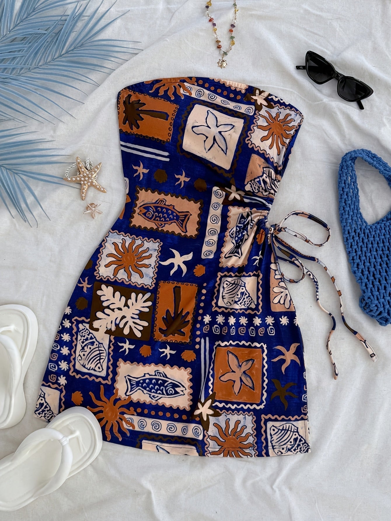 Damen Bandeau Minikleid mit tropischem Print und seitlicher Schleife – Strand- und Urlaubsoutfit