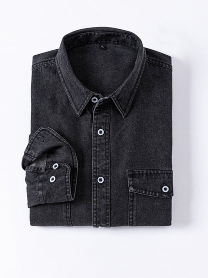 Herren Jeanshemd Langarm mit Brusttasche und Knopfleiste
