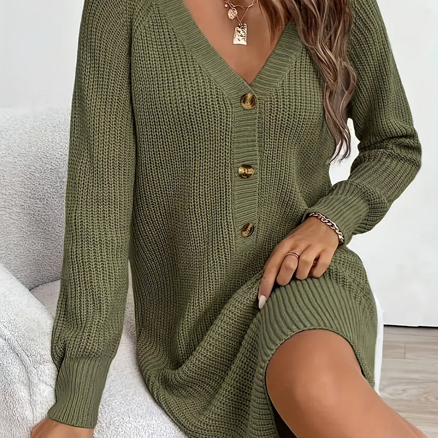 Damen Strickkleid V-Ausschnitt Langarm Strickpullover-Kleid