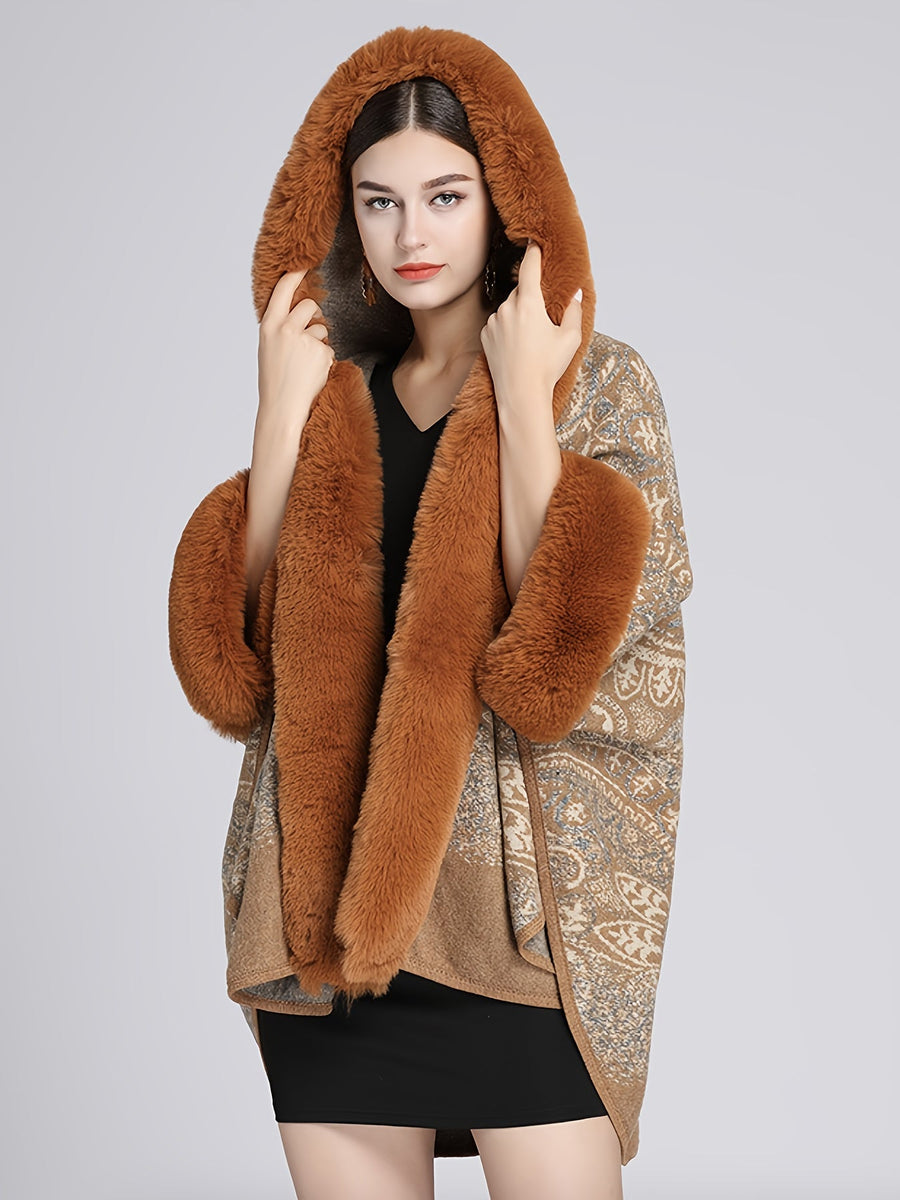 Damen Cape mit Kapuze, Pelzbesatz und Muster – Gemütlicher Umhang