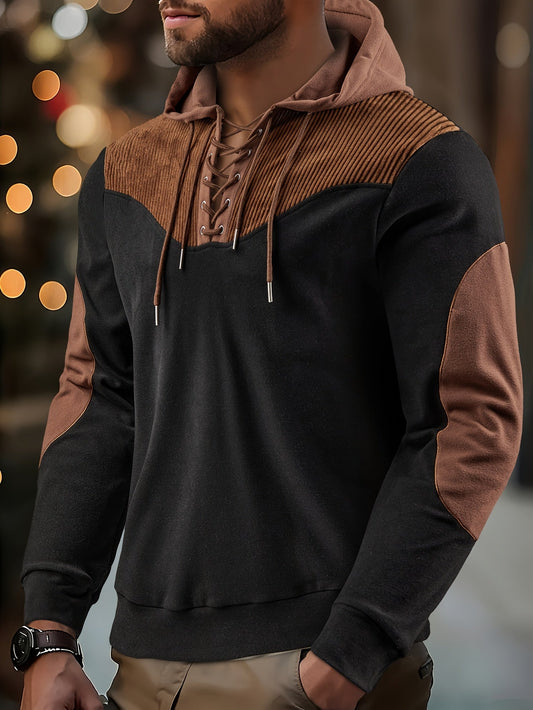 Herren Hoodie mit Schnürung und farbigen Akzenten Schwarz Braun
