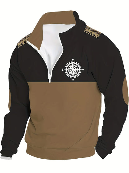 Herren Halb-Reißverschluss Pullover mit Kompass-Motiv, Kragen & Ellenbogen-Patches, Zweifarbig