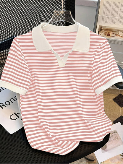 Damen Polo-Shirt mit Streifenmuster und V-Ausschnitt – Stilvolles Kurzarm Top für Freizeit und Alltag