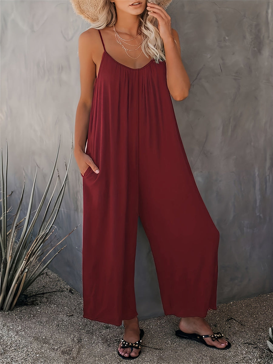 Damen Weite Casual Jumpsuit mit Spaghettiträgern – Luftiger Einteiler für Freizeit & Urlaub
