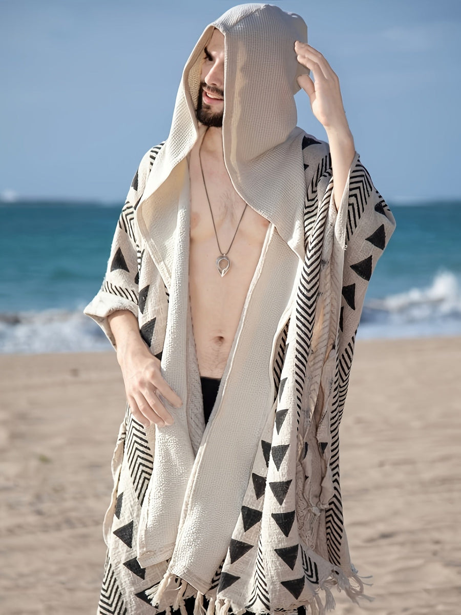 Herren Boho Poncho mit Kapuze und geometrischem Muster – Strand & Festival Überwurf