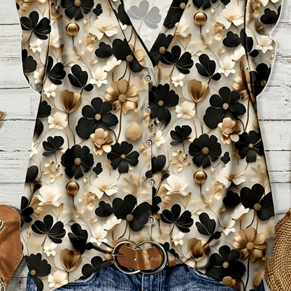 Damen-Bluse mit Blumenmuster und V-Ausschnitt – Eleganter Freizeit- und Alltagsstil
