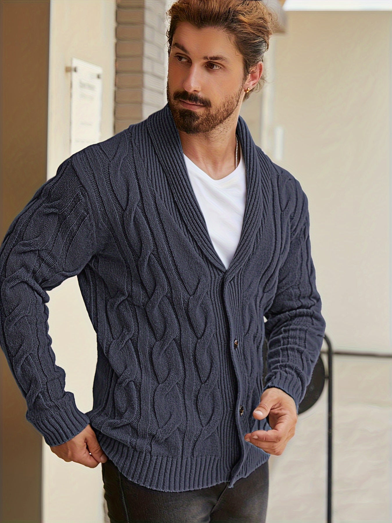 Herren Strickjacke Schalkragen Zopfmuster Knöpfe