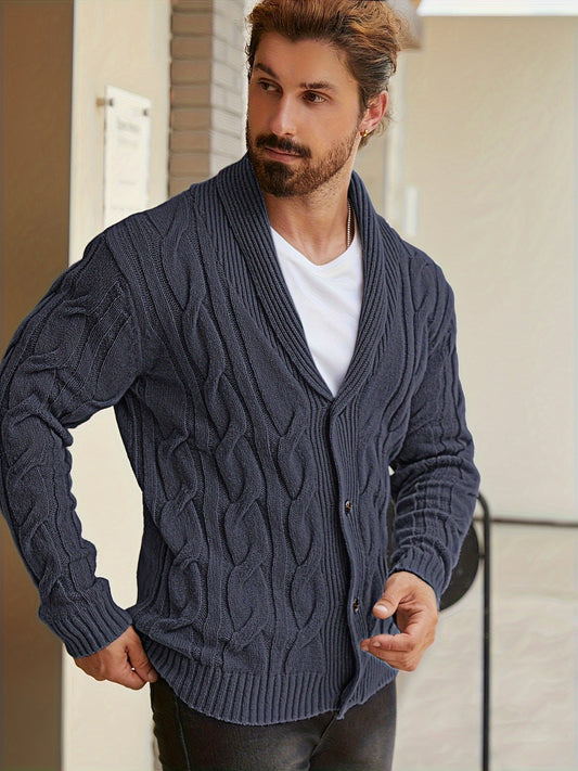 Herren Strickjacke Schalkragen Zopfmuster Knöpfe