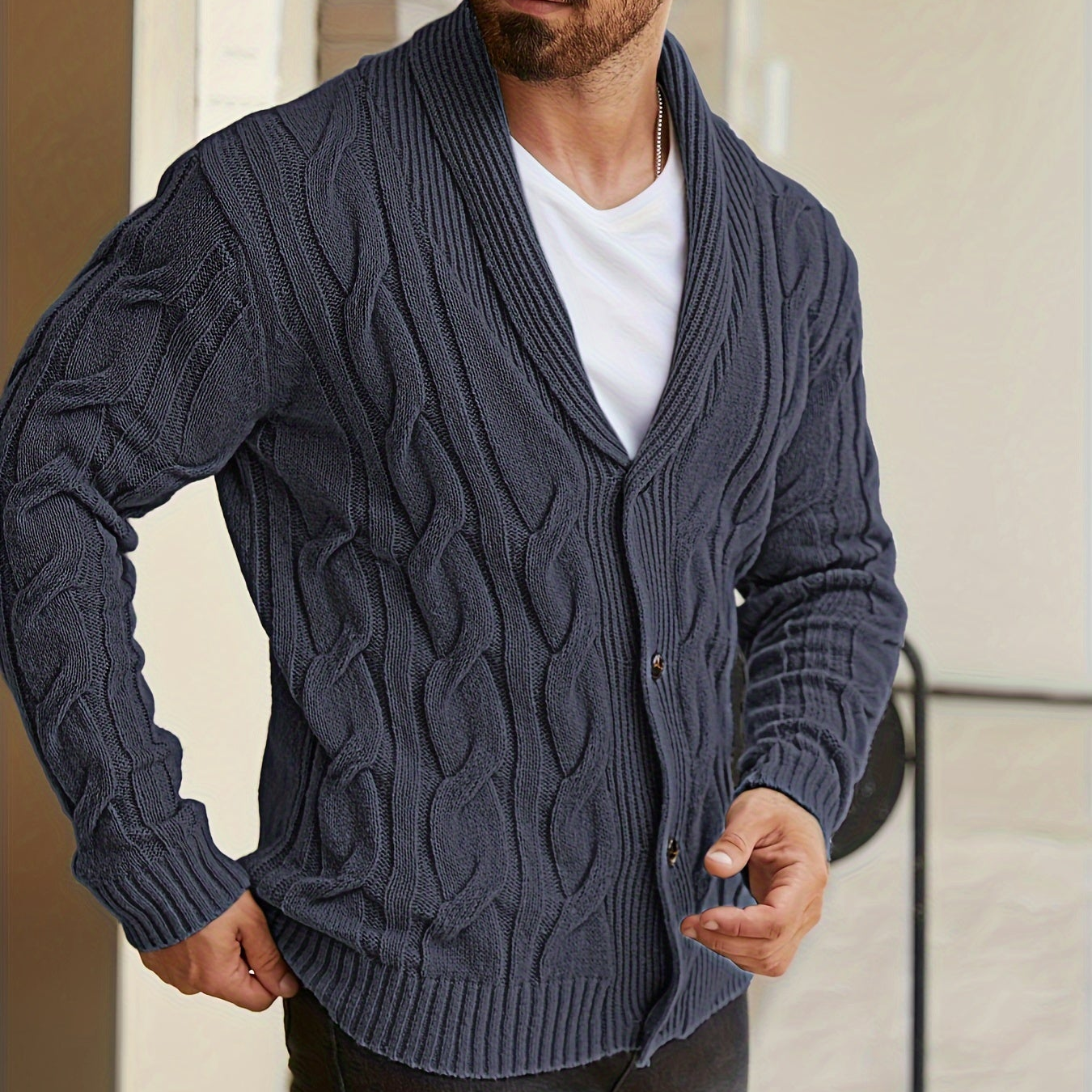 Herren Strickjacke Schalkragen Zopfmuster Knöpfe