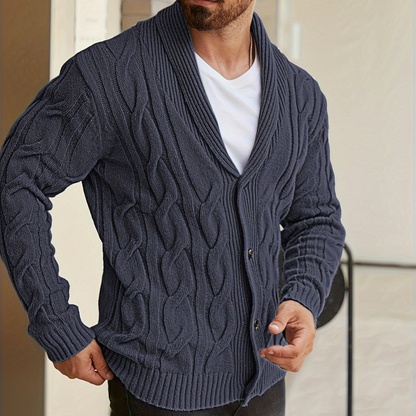 Herren Strickjacke Schalkragen Zopfmuster Knöpfe