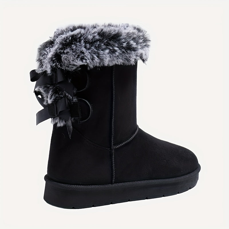 Damen Winterstiefel Wildleder-Optik mit Kunstfellrand und Schleifenverzierung Braun