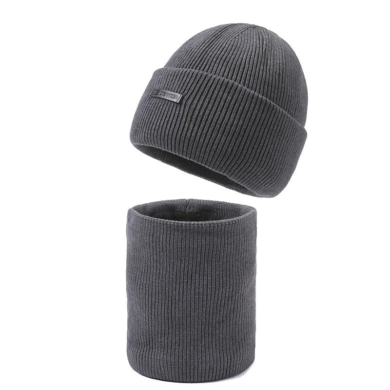 Unisex Strickmütze & Halswärmer Set, Gerippt, Dunkelgrau-Schwarz