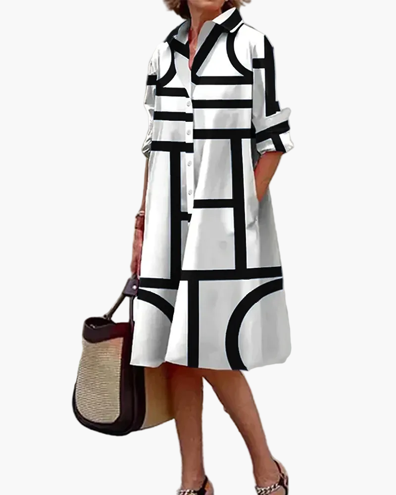 Damen Shirtkleid mit geometrischem Muster und Taschen – Lässiger, moderner Stil für Alltag und Büro