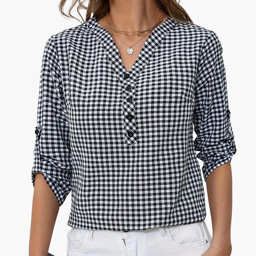 Damen Casual Karo Bluse mit Knopfleiste und 3/4-Ärmeln – Perfekt für Alltag & Freizeit