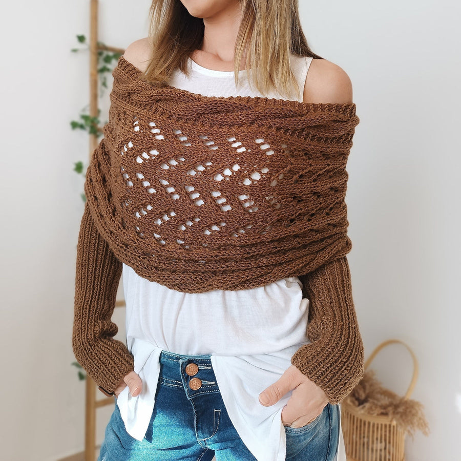 Gestrickter Bolero mit Ärmeln, Wickel-Design und Lochmuster in verschiedenen Farben